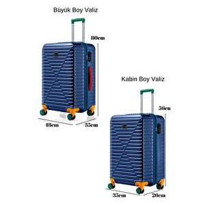 Büyük Ve Kabin Boy 2'li Valiz Seti %100 Polikarbon Valiz 4x2 Teker Lacivert 1088