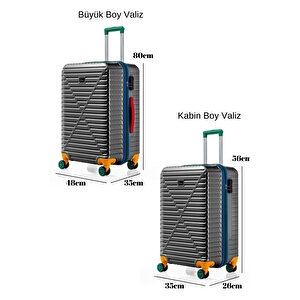 Büyük Ve Kabin Boy 2'li Valiz Seti %100 Polikarbon Valiz 4x2 Teker Antrasit 1088