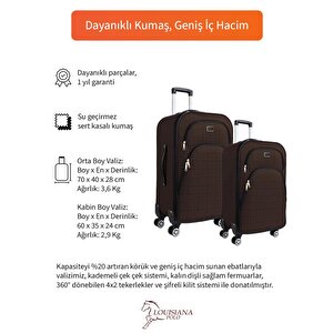 Orta Ve Kabin Boy Valiz Seti 4 Teker Kumaş Valiz Kahve 1081