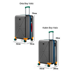 Orta Ve Kabin Boy 2'li Valiz Seti %100 Polikarbon Valiz 4x2 Teker Antrasit 1088