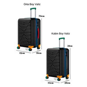 Orta Ve Kabin Boy 2'li Valiz Seti %100 Polikarbon Valiz 4x2 Teker Siyah 1088