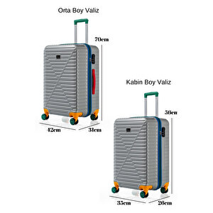 Orta Ve Kabin Boy 2'li Valiz Seti %100 Polikarbon Valiz 4x2 Teker Gri 1088