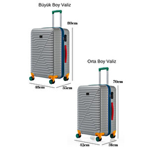 Büyük Ve Orta Boy 2'li Valiz Seti %100 Polikarbon Valiz 4x2 Teker Gri 1088