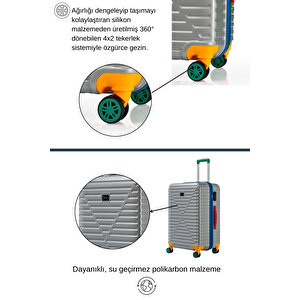 Büyük Ve Orta Boy 2'li Valiz Seti %100 Polikarbon Valiz 4x2 Teker Gri 1088