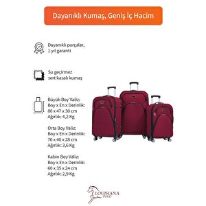 3'lü Valiz Seti 4 Teker Kumaş Valiz Bordo 1081