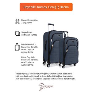 Büyük Ve Kabin Boy Valiz Seti 4 Teker Kumaş Valiz Lacivert 1081