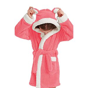 Bunny Kapşonlu Unisex Wellsoft Çocuk Peluş Sabahlık | Bornoz Pembe 01