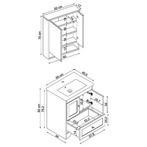 Ayaklı 2 Kapaklı Lavabolu Mat Beyaz Mdf 65 Cm Çekmeceli Banyo Dolabı Aynalı Üst Dolabı