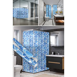 Mavi Vitray Desenli Kendinden Yapışkanlı Folyo, Ofis, Banyo, Duşakabin Cam Kaplama Folyosu 0902 45x1500 cm 