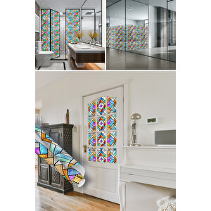 Geometrik Desenli Şeffaf Yapışkanlı Cam Folyosu, Renkli Vitray Görünümlü Yapışkan Sticker 0936 45x500 cm 
