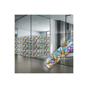 Geometrik Desenli Şeffaf Yapışkanlı Cam Folyosu, Renkli Vitray Görünümlü Yapışkan Sticker 0936