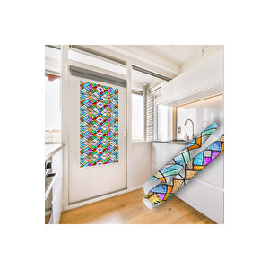 Geometrik Desenli Şeffaf Yapışkanlı Cam Folyosu, Renkli Vitray Görünümlü Yapışkan Sticker 0936