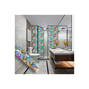 Geometrik Desenli Şeffaf Yapışkanlı Cam Folyosu, Renkli Vitray Görünümlü Yapışkan Sticker 0936