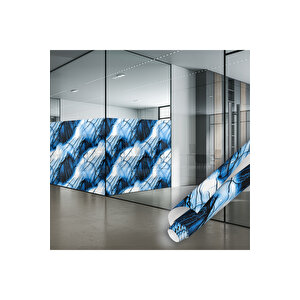 Mavi Soyut Desenli Yapışkanlı Cam Folyosu, Şeffaf Duşa Kabin, Banyo, Ofis Camı Kaplama Stickerı 0938