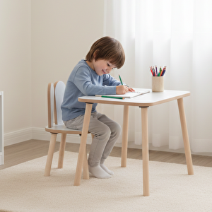 Montessori Çocuk Masası 1 Masa & 1 Beyaz Bunny Sandalye Beyaz