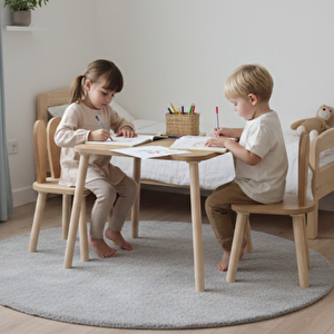 Montessori Çocuk Masası 1 Masa & 2 Bunny Sandalye Kahverengi Açık Kahverengi