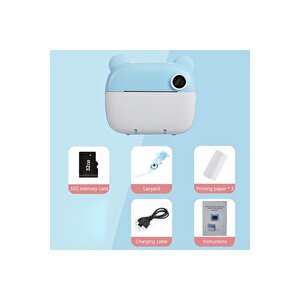 Anlık Termal Yazıcılı Dijital Çocuk Kamerası Kulaklı 2.4 İnç Hd Photo Printer Camera Mavi