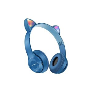 P47m Kedili Katlanabilir Kulak Üstü Kablosuz Bluetooth 5.0 Kulaklık Ledli Genç Kız Mavi