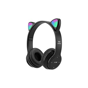 P47m Bluetooth Kedi Kulaklık Katlanabilir Sd Kart Girişli Mikrofonlu Kablosuz Led Işıklı Uyumlu
