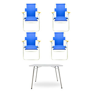 Tedarikcenter 4 Adet Ahşap Kollu Katlanır Kamp Sandalyesi Mavi Ve 1 Adet 60x45 Cm Katlanır Masa