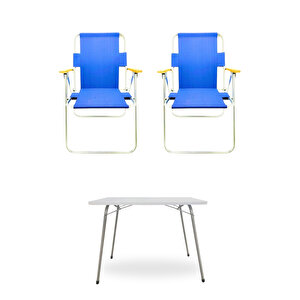 2 Adet Ahşap Kollu Katlanır Kamp Sandalyesi Mavi Ve 1 Adet 60x45 Cm Katlanır Masa