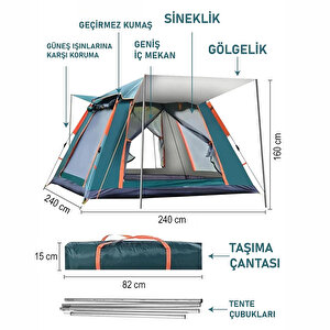 Yek Outdoor 4 Kişilik Tam Otomatik Tenteli Kamp Çadırı 240x240x160