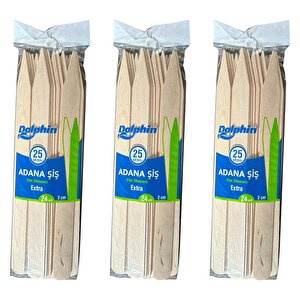 Dolphin Bambu Ahşap Adana Çöp Şiş - Boy : 24 Cm. / En : 2 Cm. - 25 Adetlik 3 Paket