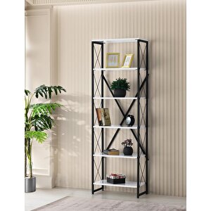 Ferforje Ahşap 5 Raflı Kitaplık 60x30x180 Beyaz
