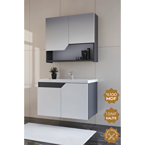 Napoli 80 Cm Mdf Banyo Dolabı Seti Antrasit Beyaz