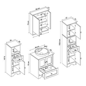 Lavabolu Banyo Dolabı Mat Beyaz Mdf 60 Cm Çekmeceli Banyo Dolabı+aynalı Üst Dolap+2 Adet Boy Dolap