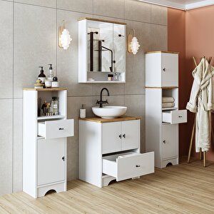 Roomart Lavabolu Banyo Dolabı Mat Beyaz Mdf 60 Cm Çekmeceli Banyo Dolabı+aynalı Üst Dolap+2 Adet Boy Dolap