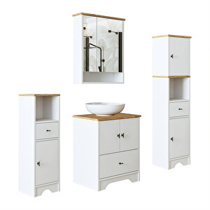 Roomart Lavabolu Banyo Dolabı Mat Beyaz Mdf 60 Cm Çekmeceli Banyo Dolabı+aynalı Üst Dolap+2 Adet Boy Dolap
