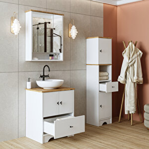Roomart Lavabolu Mat Beyaz Mdf 60 Cm Çekmeceli Banyo Dolabı + Aynalı Banyo Üst Dolabı + Boy Dolabı
