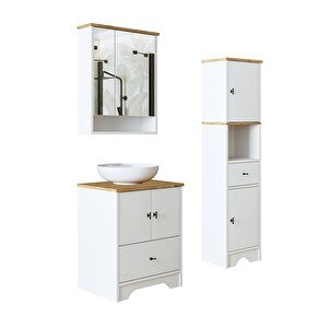 Roomart Lavabolu Mat Beyaz Mdf 60 Cm Çekmeceli Banyo Dolabı + Aynalı Banyo Üst Dolabı + Boy Dolabı
