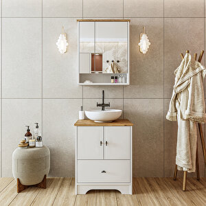 Ayaklı 2 Kapaklı Lavabolu Mat Beyaz Mdf 60 Cm Çekmeceli Banyo Dolabı Aynalı Üst Dolabı