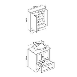 Ayaklı 2 Kapaklı Lavabolu Mat Beyaz Mdf 60 Cm Çekmeceli Banyo Dolabı Aynalı Üst Dolabı