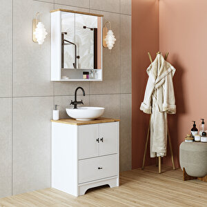 Ayaklı 2 Kapaklı Lavabolu Mat Beyaz Mdf 60 Cm Çekmeceli Banyo Dolabı Aynalı Üst Dolabı