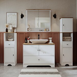 Lavabolu Mat Beyaz Mdf 100 Cm Çekmeceli Banyo Dolabı + Aynalı Üst Dolabı + 2 Adet Boy Dolabı