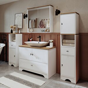 Lavabolu Mat Beyaz Mdf 100 Cm Çekmeceli Banyo Dolabı + Aynalı Üst Dolabı + 2 Adet Boy Dolabı