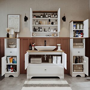 Roomart Lavabolu Mat Beyaz Mdf 100 Cm Çekmeceli Banyo Dolabı + Aynalı Üst Dolabı + 2 Adet Boy Dolabı