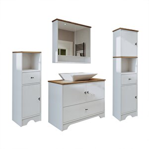 Roomart Lavabolu Mat Beyaz Mdf 100 Cm Çekmeceli Banyo Dolabı + Aynalı Üst Dolabı + 2 Adet Boy Dolabı