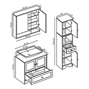 Roomart Lavabolu Mat Beyaz Mdf 100 Cm Çekmeceli Banyo Dolabı + Aynalı Üst Dolabı + Boy Dolabı