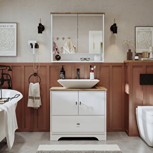 Lavabolu Mat Beyaz Mdf 80 Cm Çekmeceli Banyo Dolabı + Aynalı Üst Dolabı
