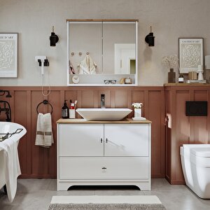 Lavabolu Mat Beyaz Mdf 100 Cm Çekmeceli Banyo Dolabı + Aynalı Üst Dolabı
