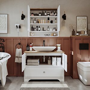 Roomart Lavabolu Mat Beyaz Mdf 100 Cm Çekmeceli Banyo Dolabı + Aynalı Üst Dolabı