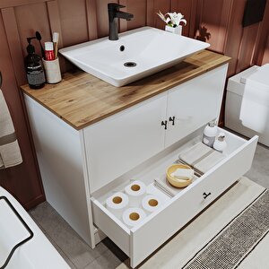 Roomart Lavabolu Mat Beyaz Mdf 100 Cm Çekmeceli Banyo Dolabı + Aynalı Üst Dolabı