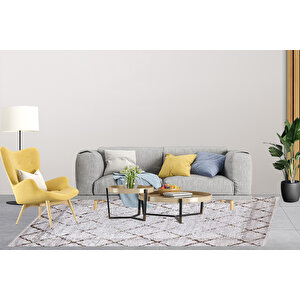 Modern Bej Geometrik Desen Baskı Yıkanabilir Hipoalerjenik  Kaymaz Taban Halı Yolluk
