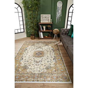 Klasik Altın Desen Krem Salon&oturma Odası Yolluk&yatak Odası Dijital Baskılı Makinede Yıkanabilir Kaymaz Taban Saçaklı Halı Hk196 80x300 cm