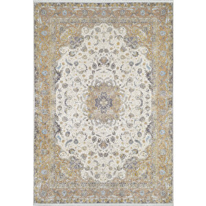 Klasik Altın Desen Krem Salon&oturma Odası Yolluk&yatak Odası Dijital Baskılı Makinede Yıkanabilir Kaymaz Taban Saçaklı Halı Hk196 180x280 cm