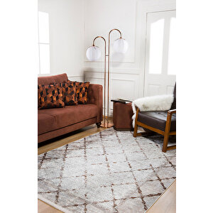 Modern Bej Geometrik Desen Baskı Yıkanabilir Hipoalerjenik  Kaymaz Taban Halı Yolluk